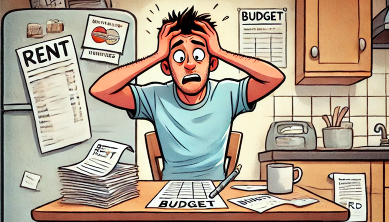 A man sits in front of a budget and stack of bills, stressed and overwhelmed.